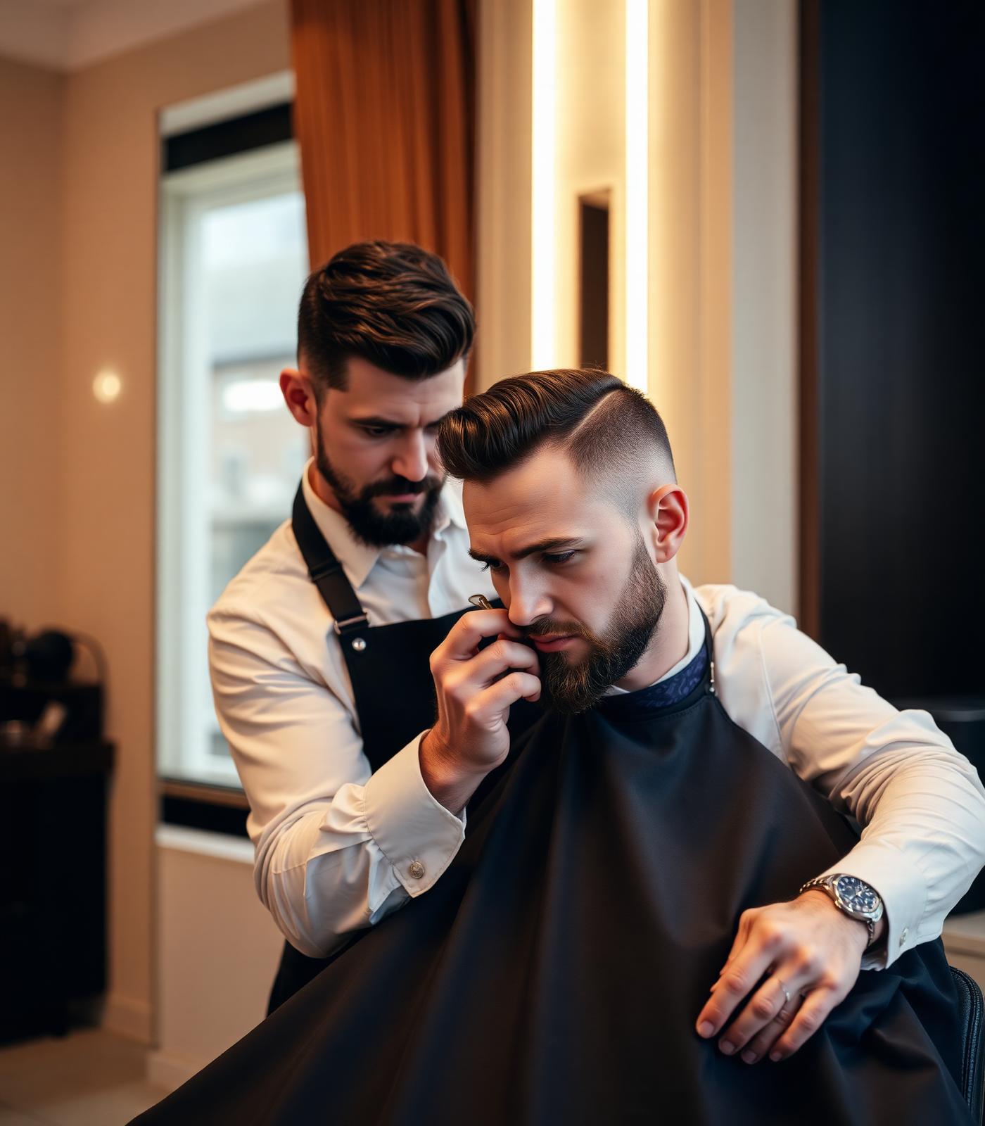 A skilled barber attending to a well-dressed client in an upscale private grooming suite