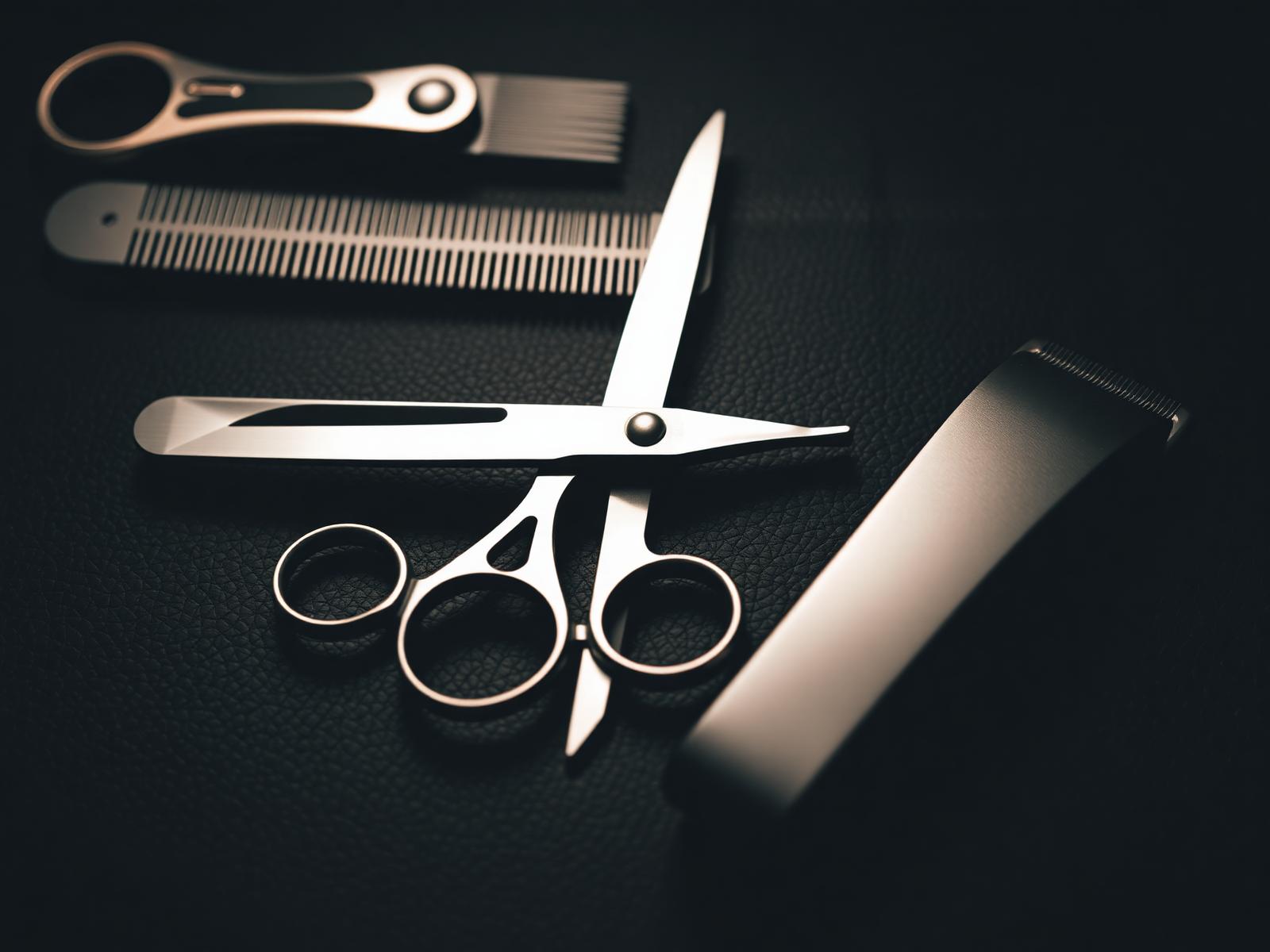Premium barber tools arranged on a dark leather surface
