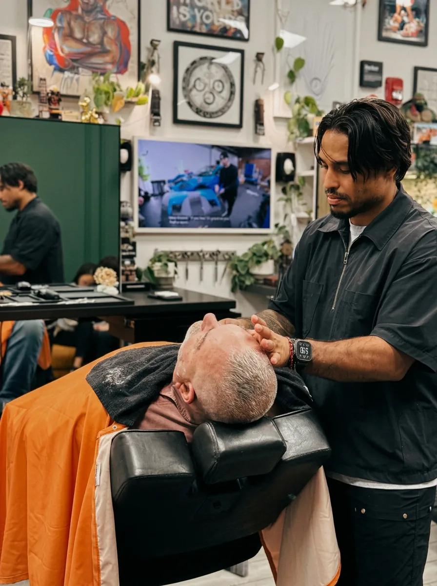 Michael Sebahie performing a hot towel shave on a client at The Barber Suite in Paramus, NJ